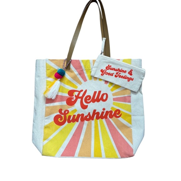 Handbags - Hello Sunshine Beach Tote Canvas Bag With Pouch
